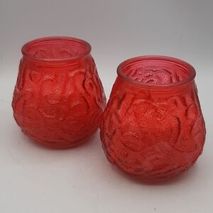 Pair of Vintage TVC Red Bubble Crinkle Glass Wax Candles 3 5/8 in Tall READ